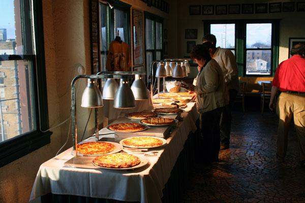 a long table with food on it