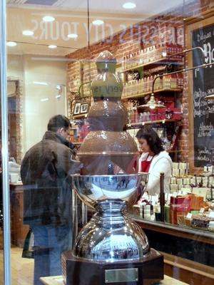 a large chocolate fountain in a store