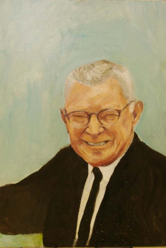 a painting of a man wearing glasses and a suit