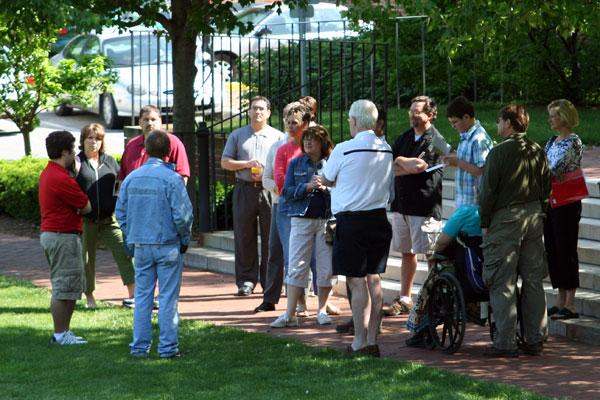 a group of people standing outside