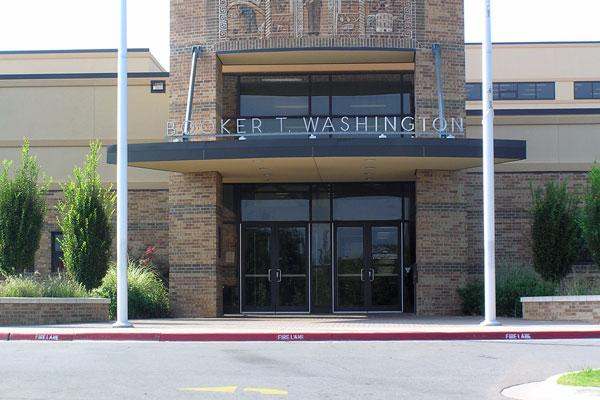 a building with glass doors