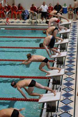 a group of swimmers starting blocks