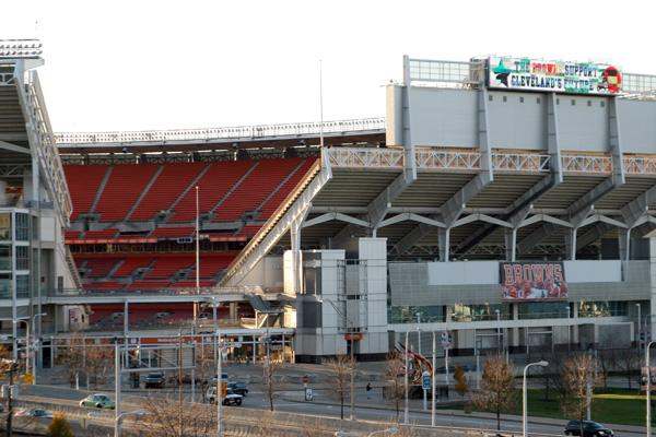 a stadium with red seats