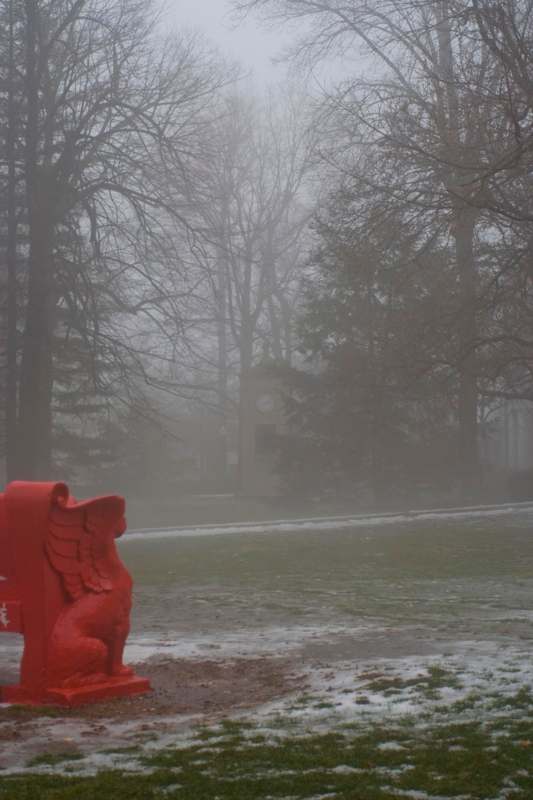 a red statue in a park