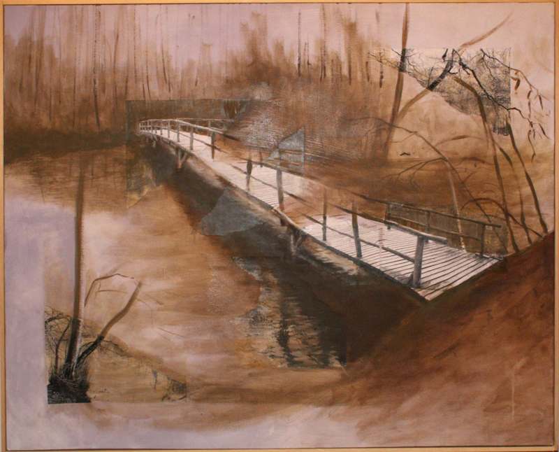 a painting of a bridge over a stream