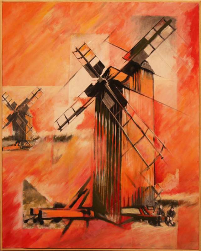 a painting of windmills on a red background