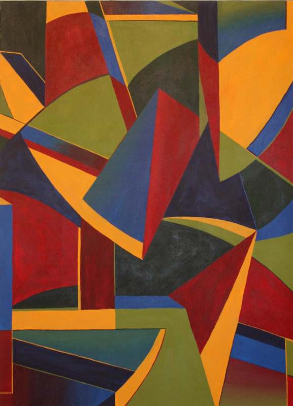 a colorful painting of triangles and rectangles