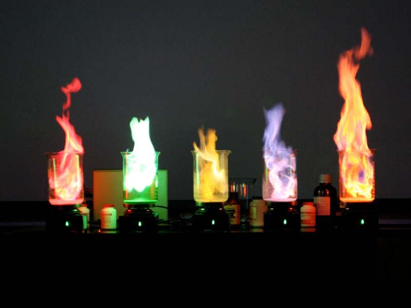 a group of glass beakers with different colored flames