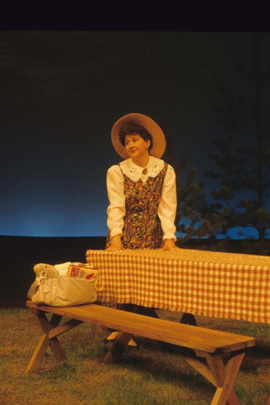 a woman standing on a picnic table