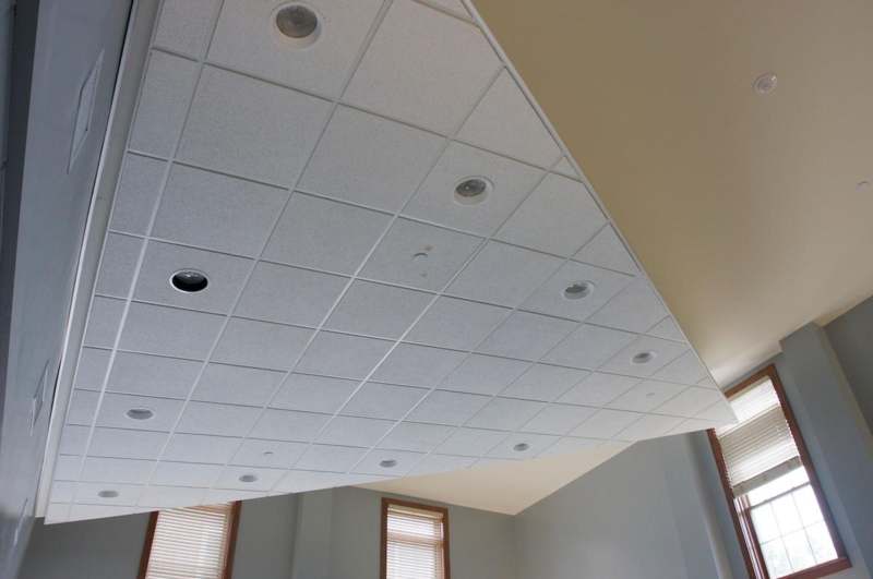 a ceiling with lights and a couple of windows