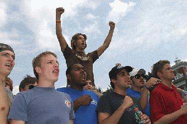 a group of people cheering