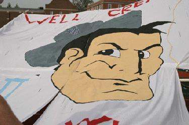a large banner with a cartoon face