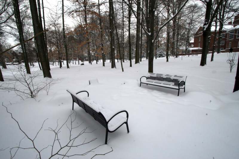 a group of benches in a snowy park
