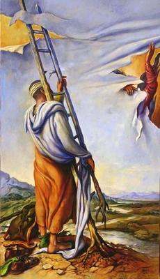 a painting of a man holding a ladder