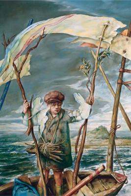 a painting of a boy holding a flag