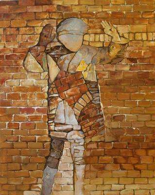 a painting of a man in a brick wall