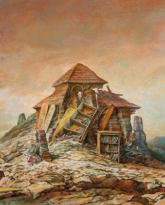 a painting of a house on a rocky hill
