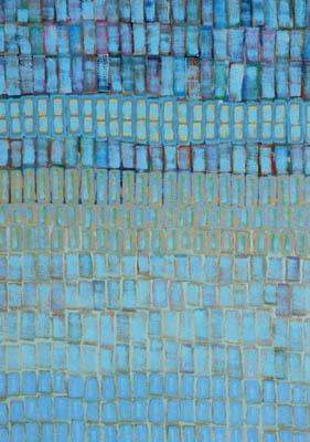 a close-up of a blue and white mosaic