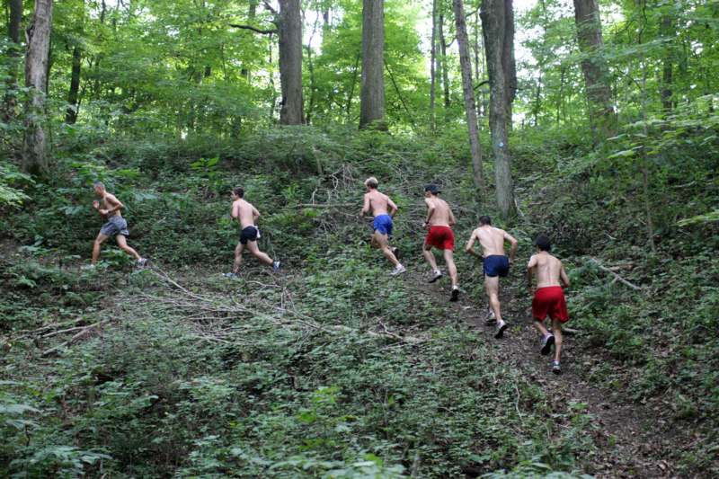 a group of men running up a hill in the woods