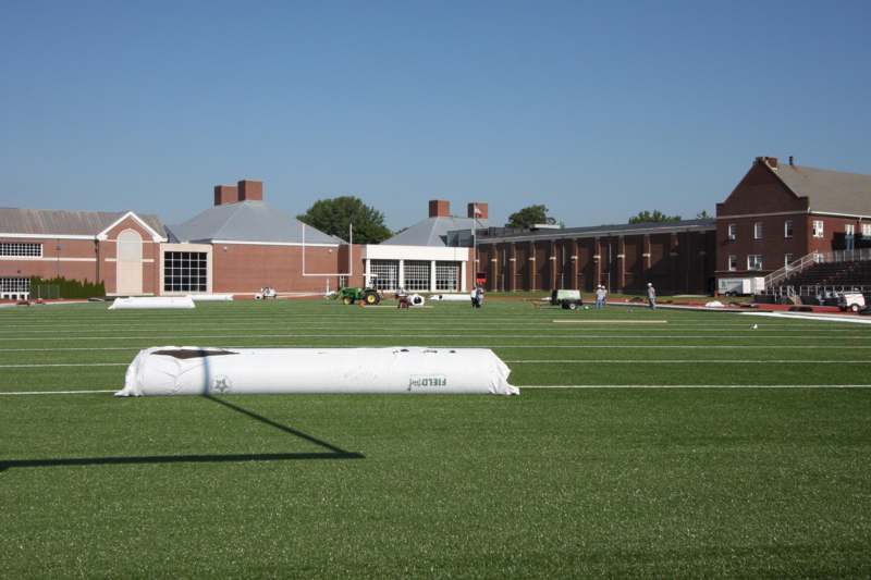 a football field with a white roll of paper