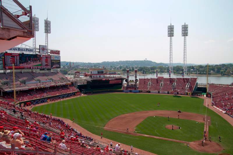a baseball field with people in the stands with Great American Ball Park in the background