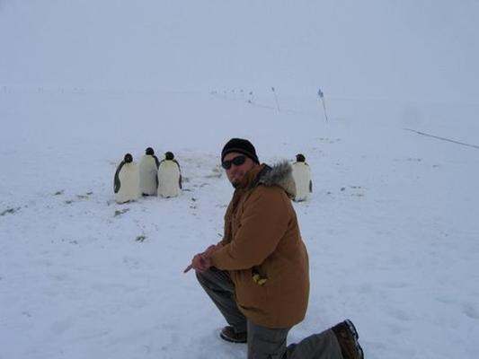 a man kneeling in the snow with penguins in the background