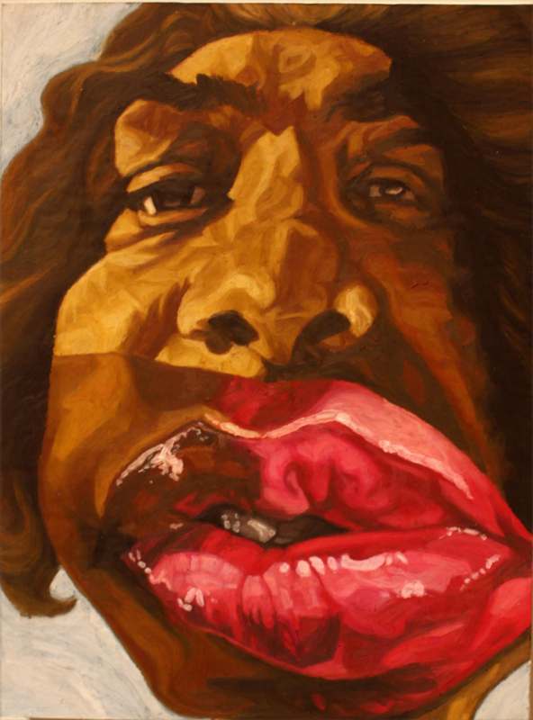 a painting of a man's face with red lips