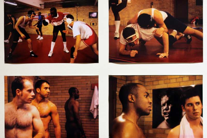 a collage of men in a gym