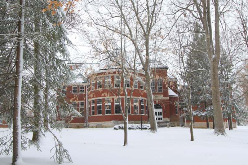 a building with trees in the snow