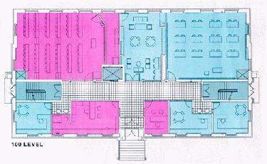 a blue and pink floor plan