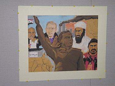 a painting of a man raising his hand