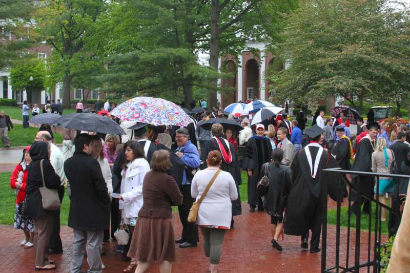 a group of people walking on a brick path with umbrellas