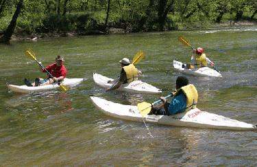 a group of people kayaking on a river