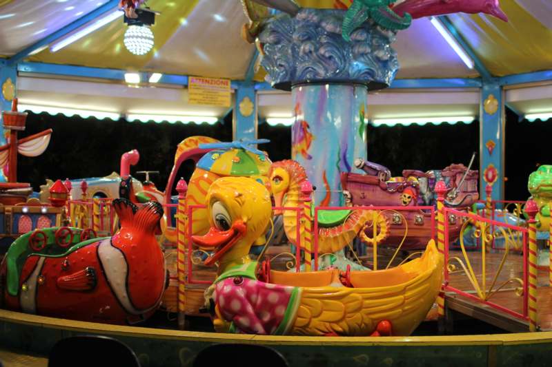a colorful carousel with ducks and boats