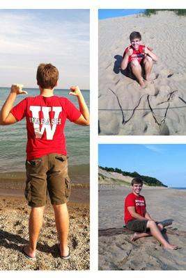 a collage of a boy on a beach