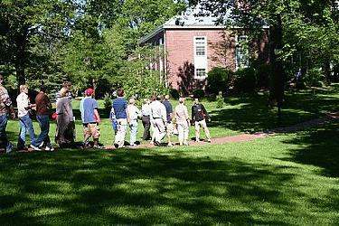 a group of people standing in a line