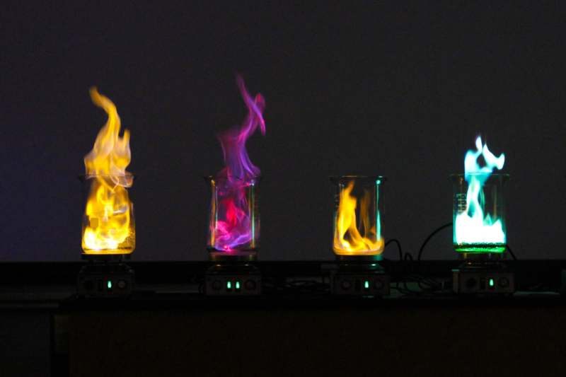 a group of glass beakers with flames