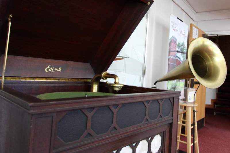 a record player with a horn