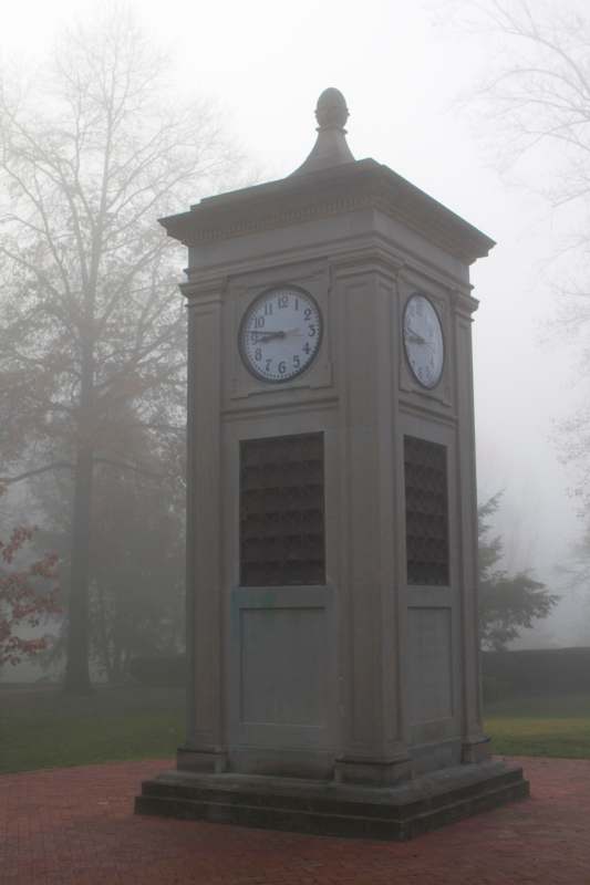 a clock tower in a foggy park