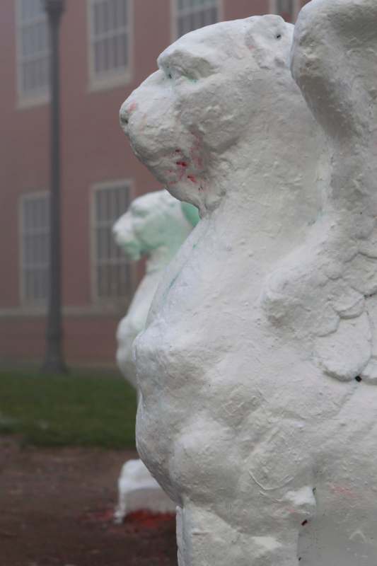 a white statue of a rabbit