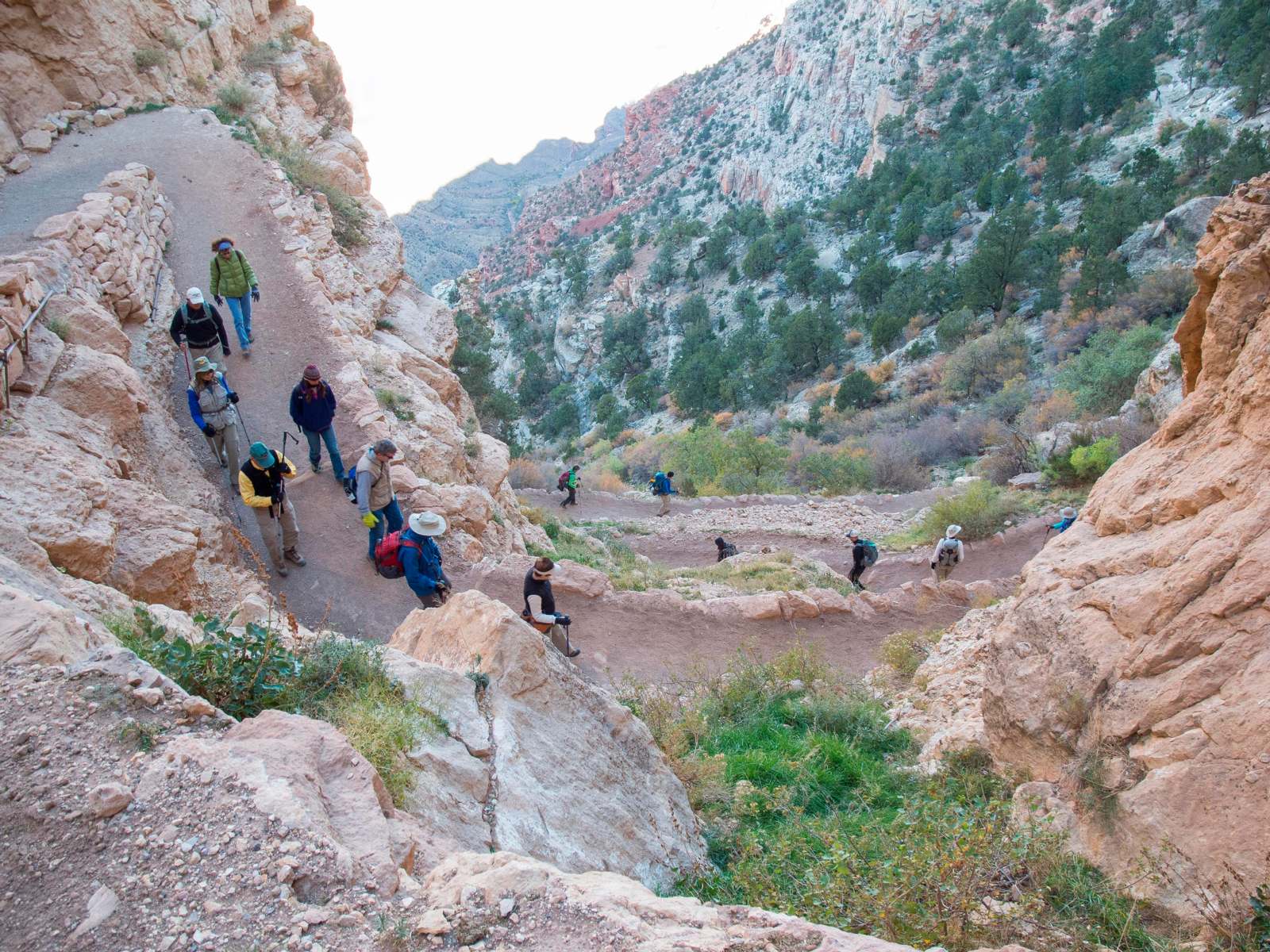 a group of people walking down a rocky trail