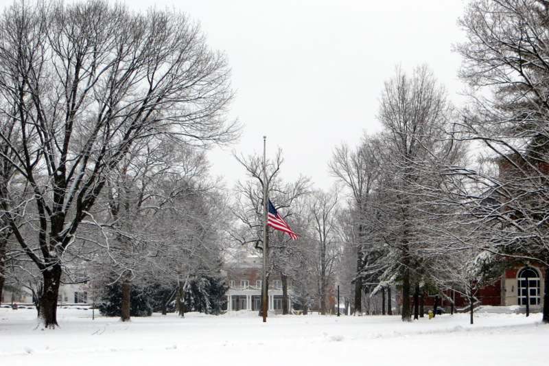 a flag on a pole in a snowy park
