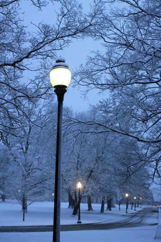a lamp post in a snowy park