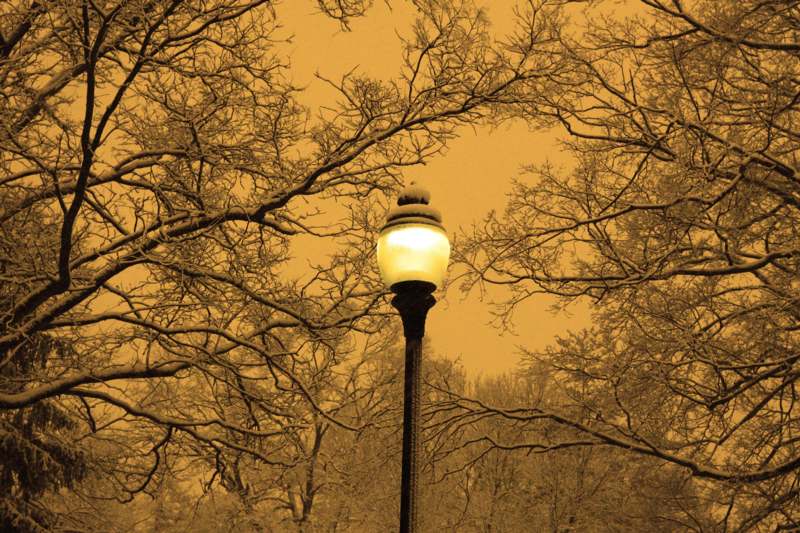 a lamp post with snow on it