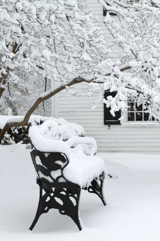 a snow covered bench in front of a house