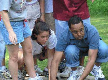 a group of people looking at something