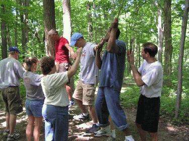 a group of people in the woods