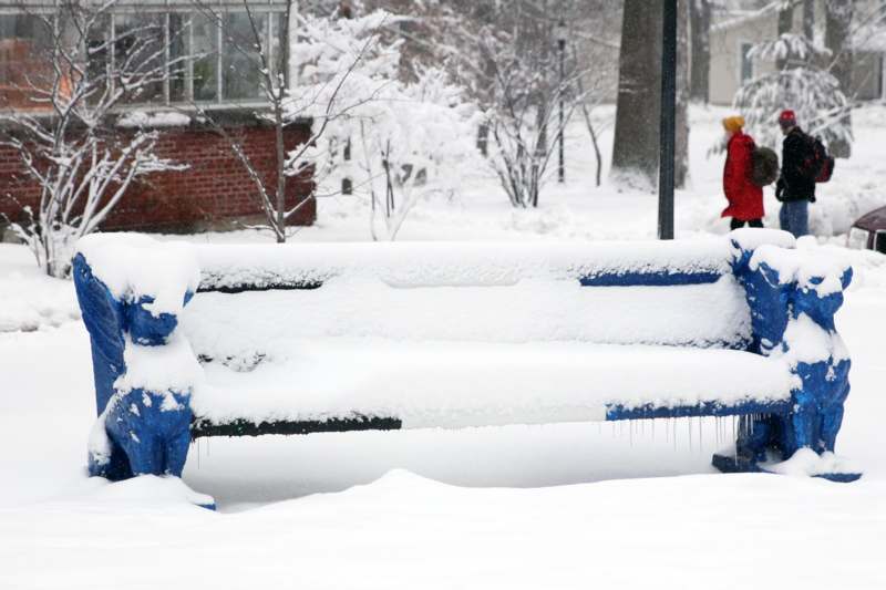 a person standing on a bench covered in snow