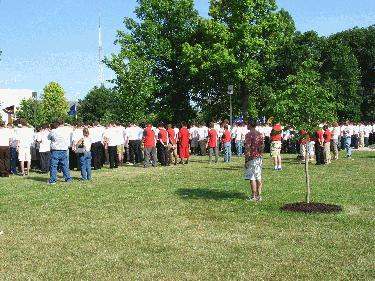a group of people standing in a line