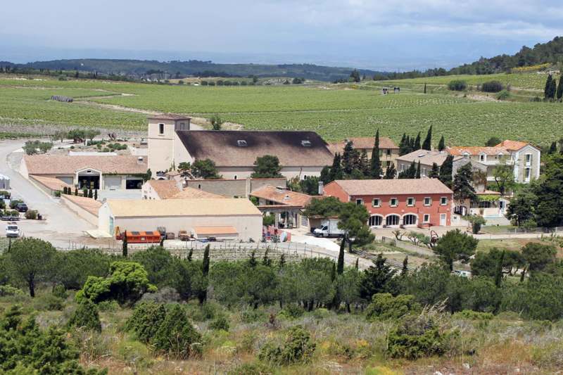 a group of buildings in a vineyard